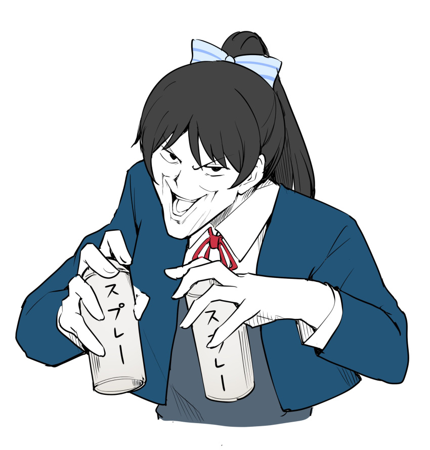 1girl, :d, barkhorn0331, black_hair, blue_jacket, collared_shirt, commentary, creepy_chin_joey_wheeler_(meme)