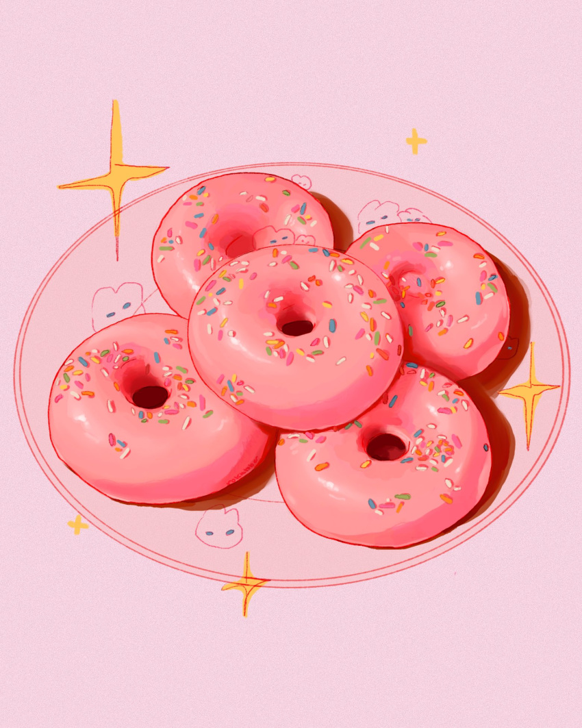 doughnut, english_commentary, food, food_focus, highres, no_humans, original, pink_theme, plate, rokktober, sprinkles, still_life