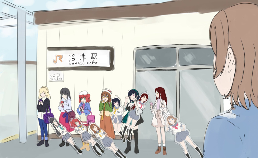 6+girls, april_fools, aqua_eyes, aqua_neckerchief, black_boots, black_hair, black_jacket, blonde_hair