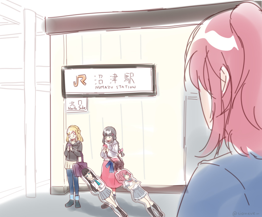 3girls, april_fools, aqua_eyes, aqua_neckerchief, black_boots, black_hair, black_jacket, blonde_hair