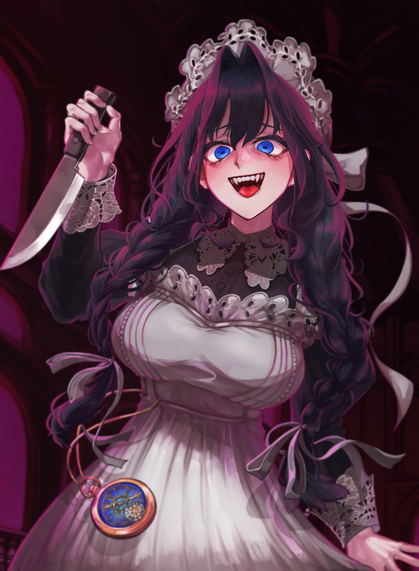 1girl, absurdres, apron, black_dress, black_hair, blue_eyes, braid, dress