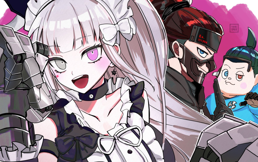 1girl, 2boys, akiba_hinagiku, black_choker, black_gloves, blue_eyes, blue_jacket, blush_stickers, bow, character_request, choker, collarbone, earrings, floating_earring, gauntlets, gloves, grey_eyes, grey_hair, hashtag-only_commentary, heterochromia, highres, jacket, jewelry, katama_(k85620232), long_hair, maid_headdress, mask, mouth_mask, multiple_boys, pink_eyes, red_eyes, ribbon, short_hair, tribe_nine, updo, upper_body, white_bow, white_ribbon