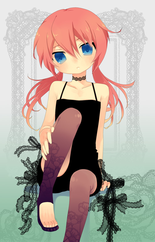 bare_shoulders, black_dress, blue_eyes, blush, boy, crossdressing, crossdressinging, dress, frown, inazuma_eleven, inazuma_eleven_(series), inazuma_eleven_go, kirino_ranmaru, lace, leg_up, long_hair, male, one_leg_up, pantyhose, pink_hair, sitting, solo, stockings, tanimo2333, thigh-highs, thighhighs, trap, twintails