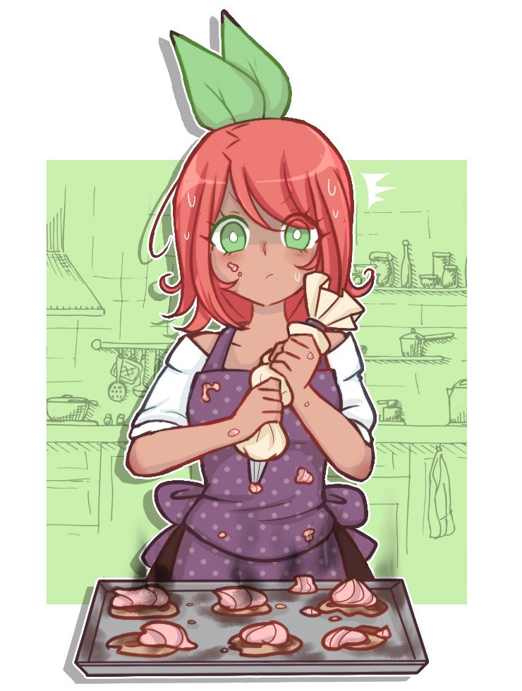 1girl, apron, bad_food, baking_sheet, blush, burnt_food, closed_mouth, commentary, dark-skinned_female, dark_skin, drop_shadow, english_commentary, eyelashes, green_eyes, green_ribbon, gurinnpop, hair_ribbon, holding, holding_pastry_bag, icing, icing_on_face, indoors, kitchen, medium_hair, original, outline, pastry_bag, purple_apron, red_hair, ribbon, solo, sweat, white_outline