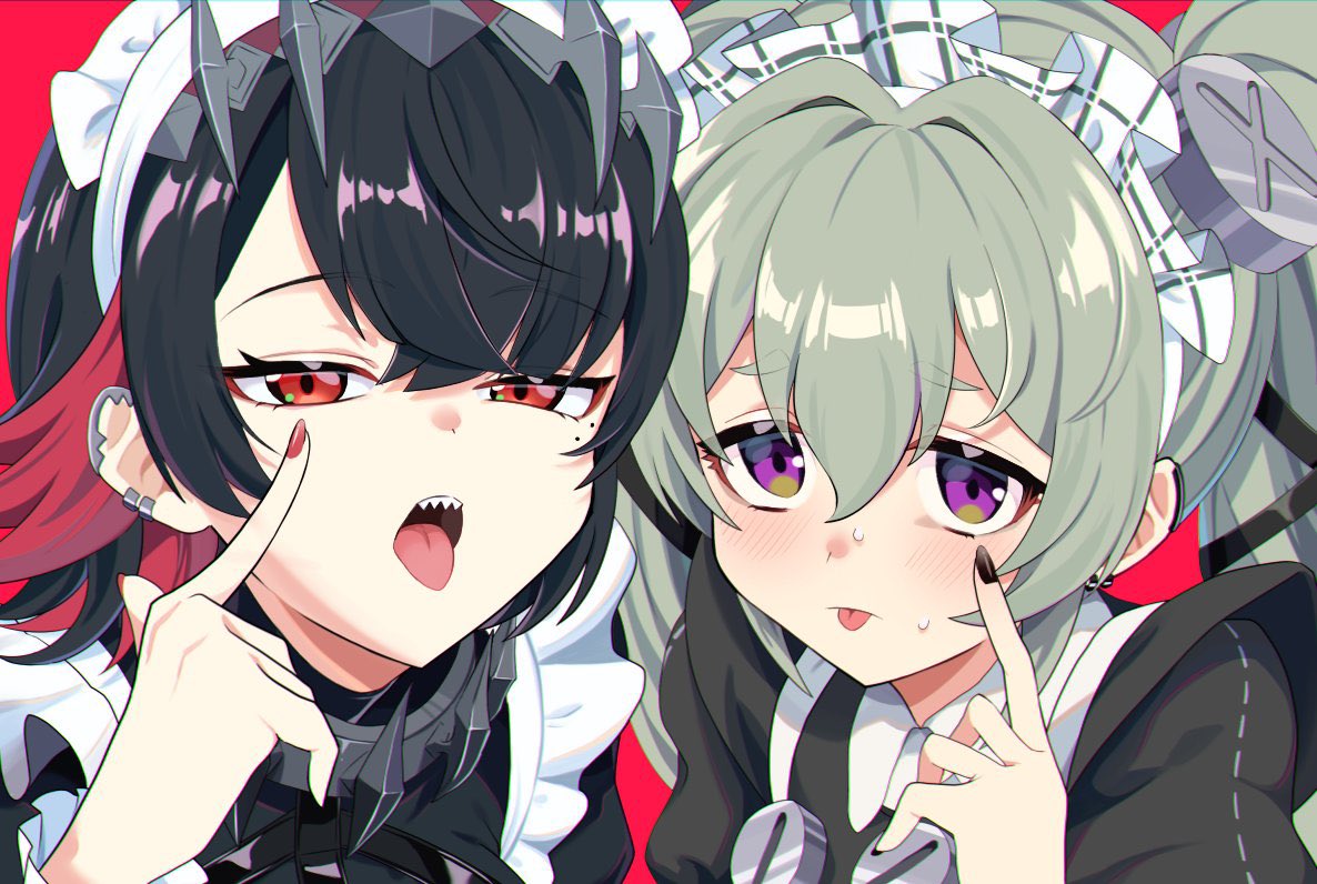 2girls, akanbe, black_hair, black_nails, commentary_request, corin_wickes, earrings, ellen_joe