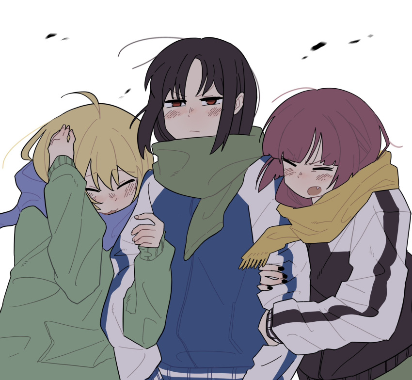 3girls, :/, :3, :o, ahoge, black_hair, black_jacket, blonde_hair