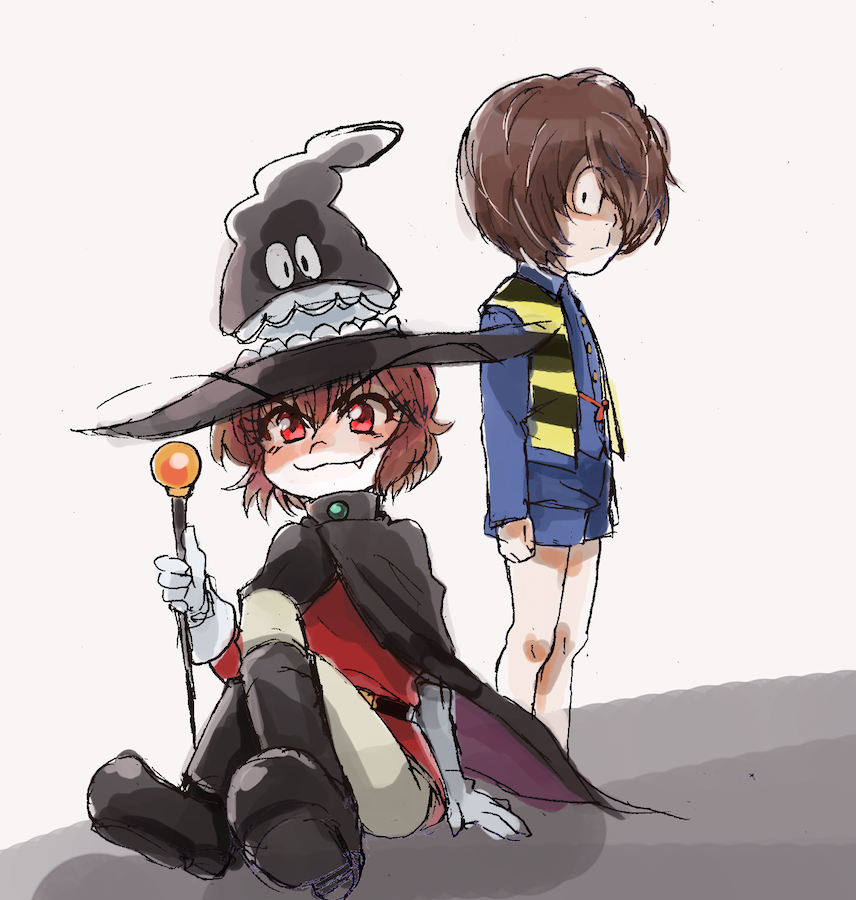 2boys, black_boots, black_cape, blue_shirt, blue_shorts, boots, brown_hair, cane