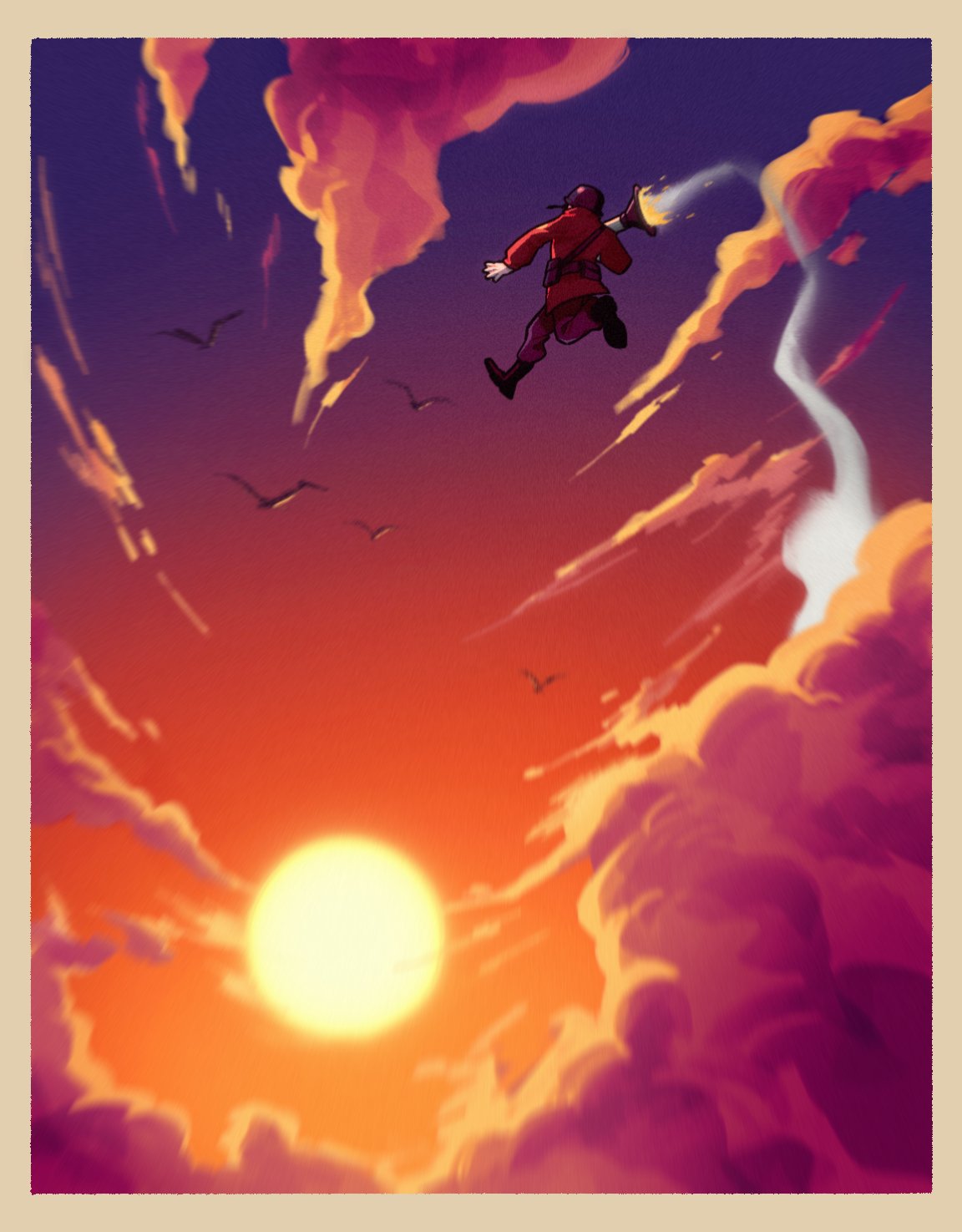1boy, bird, black_boots, boots, brown_pants, clouds, full_body, gradient_sky
