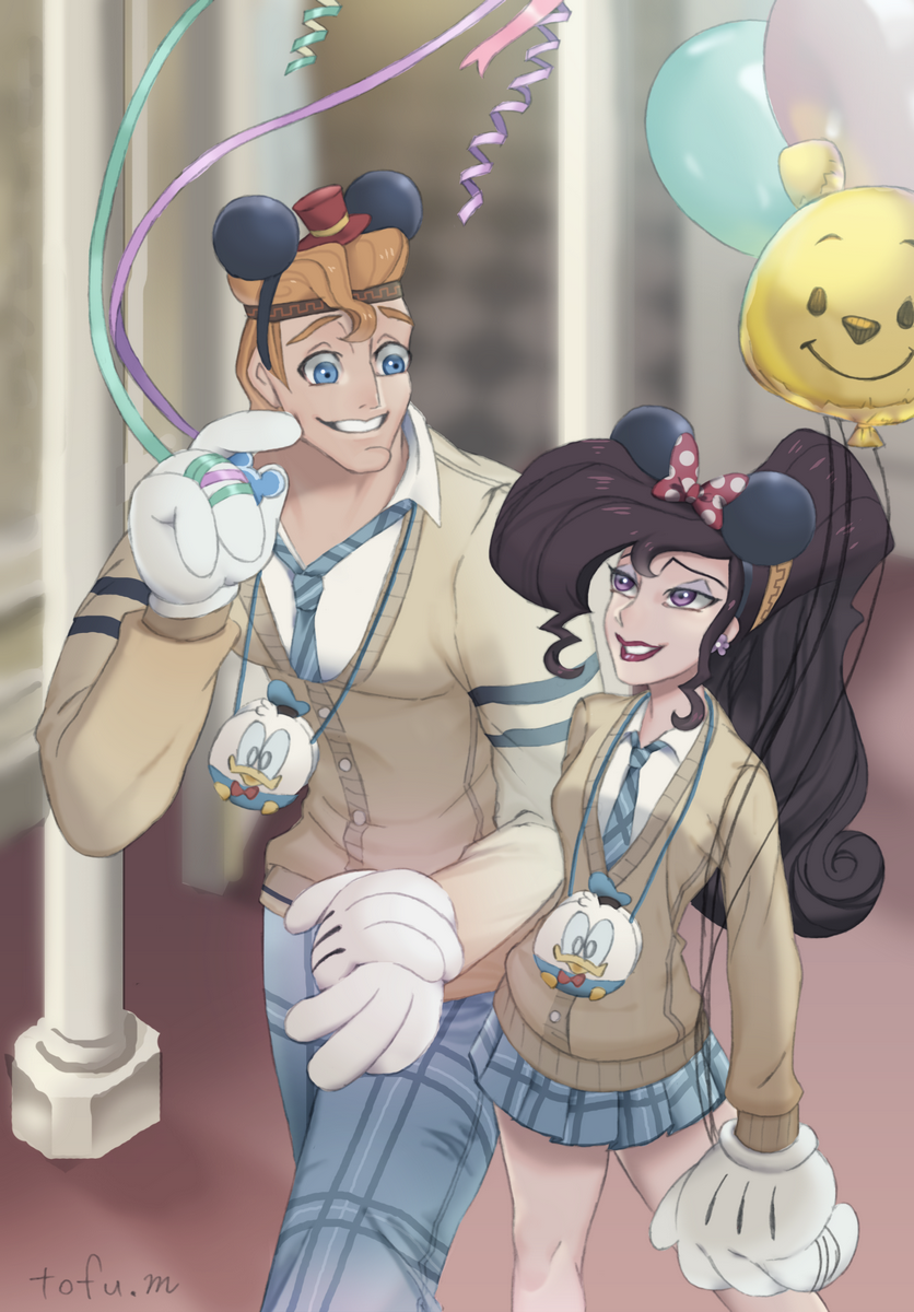 1boy, 1girl, animification, brown_hair, character_bag, contemporary, disney, disneyland
