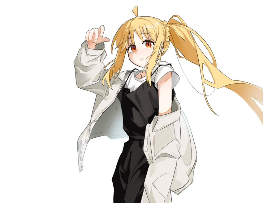 1girl, ahoge, alternate_costume, arm_up, black_dress, blonde_hair, bocchi_the_rock!, collarbone