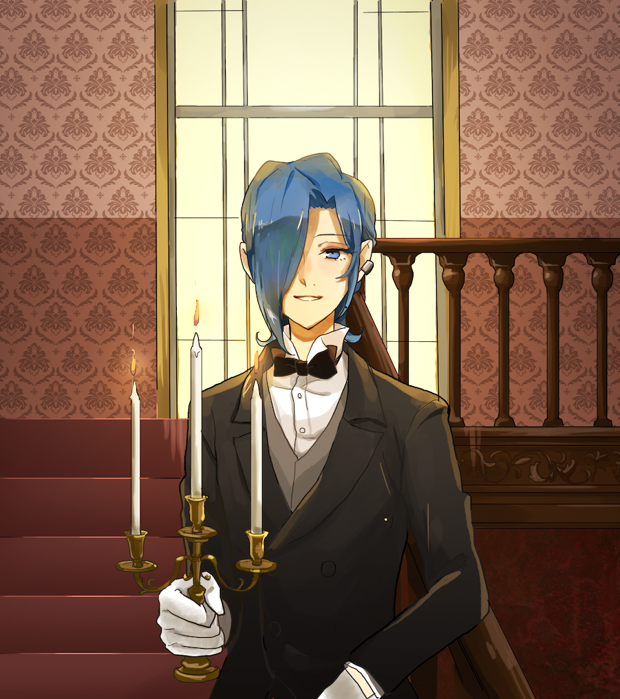 1boy, black_bow, black_bowtie, blue_eyes, blue_hair, bow, bowtie, butler