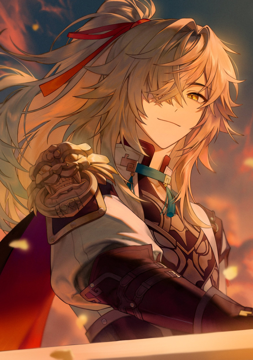 1boy, absurdres, armor, blurry, blurry_background, chinese_clothes, crossed_bangs, day