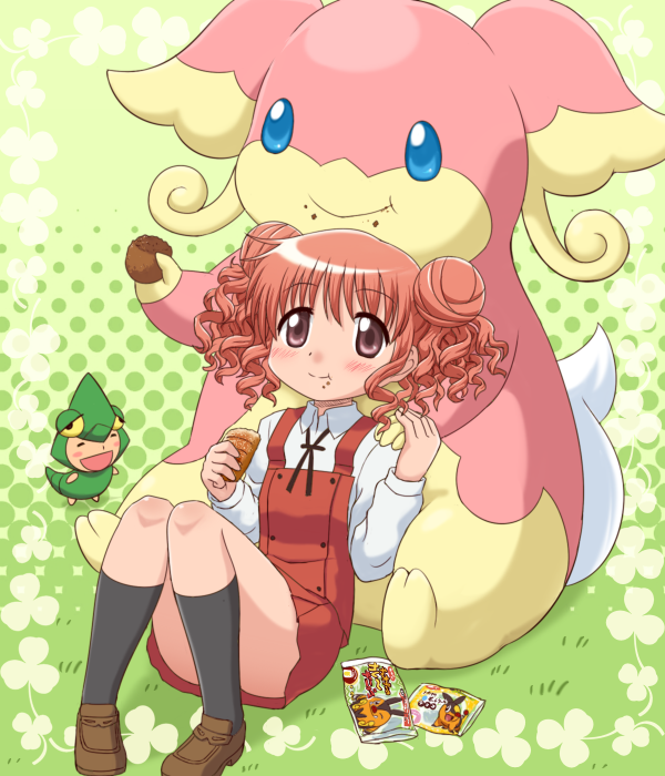 1girl, audino, blush, convenient_censoring, convenient_leg, crossover, crumbs, eating