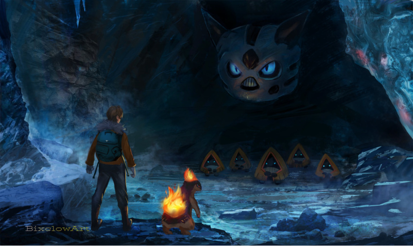 1boy, artist_name, backpack, bag, bixclowart, blue_eyes, boots, brown_hair