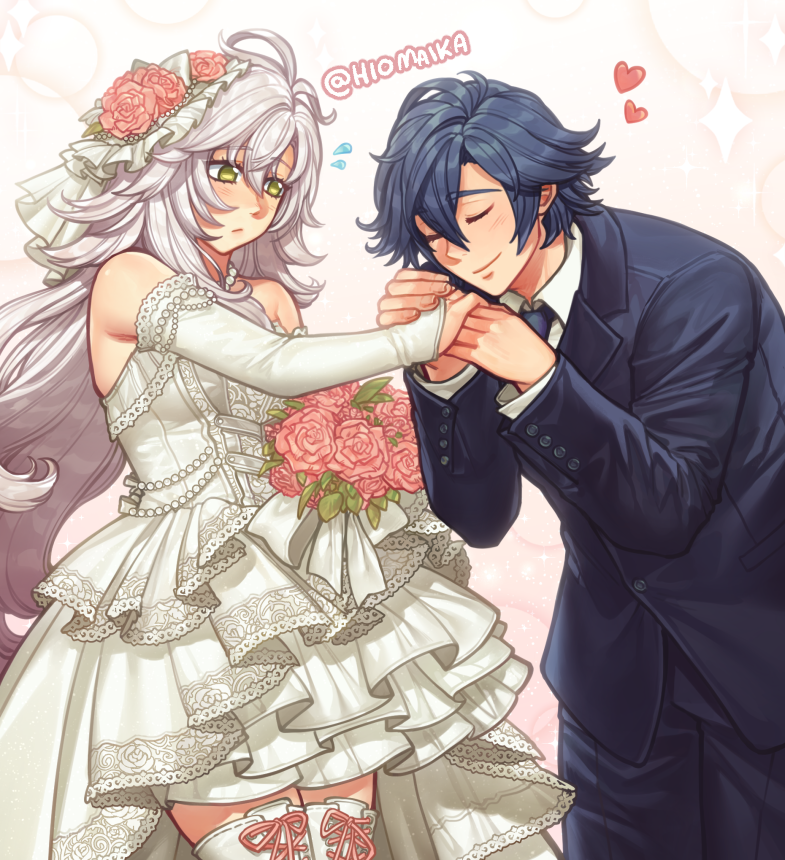 ahoge, black_necktie, bouquet, bridal_gauntlets, bridal_veil, closed_eyes, commission, double-parted_bangs