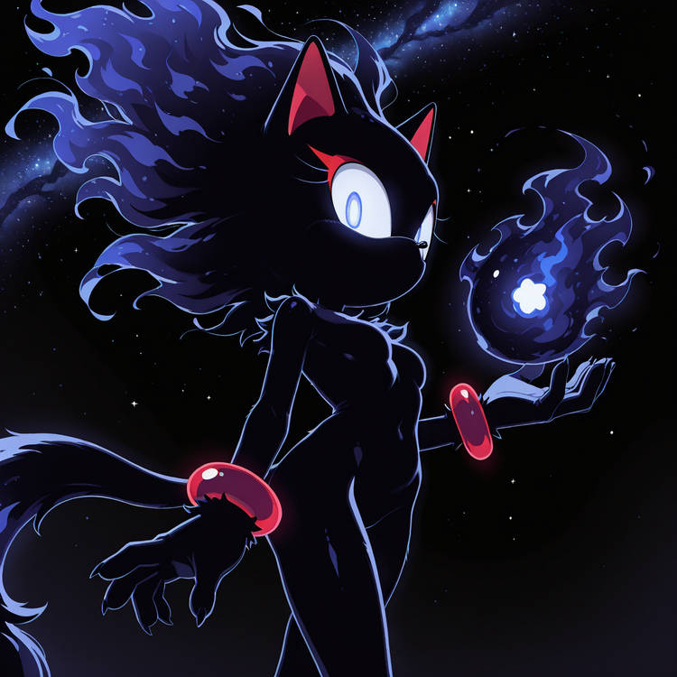 1girl, animal_ears, black_fire, blaze_the_cat, blaze_the_cat_(beta_design), blue_eyes, bracelet, cat_ears, cat_girl, cat_tail, eyelashes, fiery_hair, fire, furry, furry_female, glowing, glowing_eyes, jewelry, looking_at_viewer, no_mouth, oreana2102, prototype_design, sky, solo, sonic_(series), star_(sky), star_(symbol), starry_sky, tail