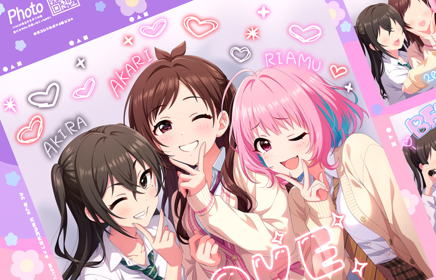 #unicus_(idolmaster), 3girls, blush, breasts, brown_hair, brown_necktie, cardigan, character_name
