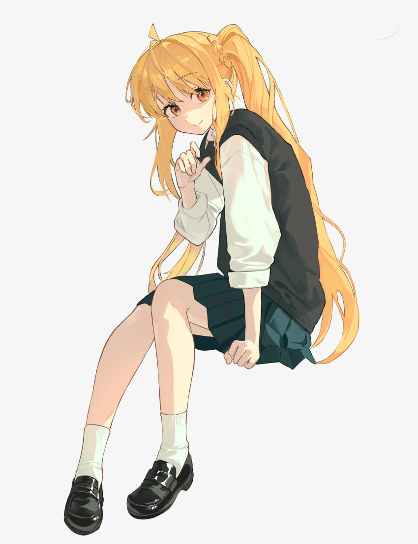 1girl, ahoge, ankle_socks, arm_support, black_shoes, black_vest, blonde_hair, blue_skirt