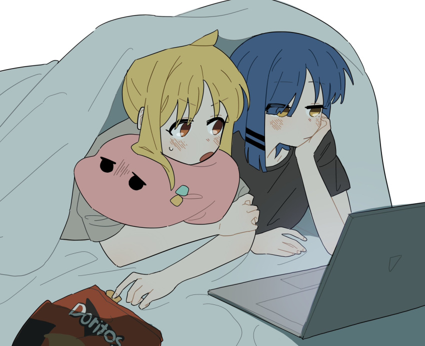 2girls, ahoge, animalization, bed_sheet, black_shirt, blanket, blonde_hair, blue_hair