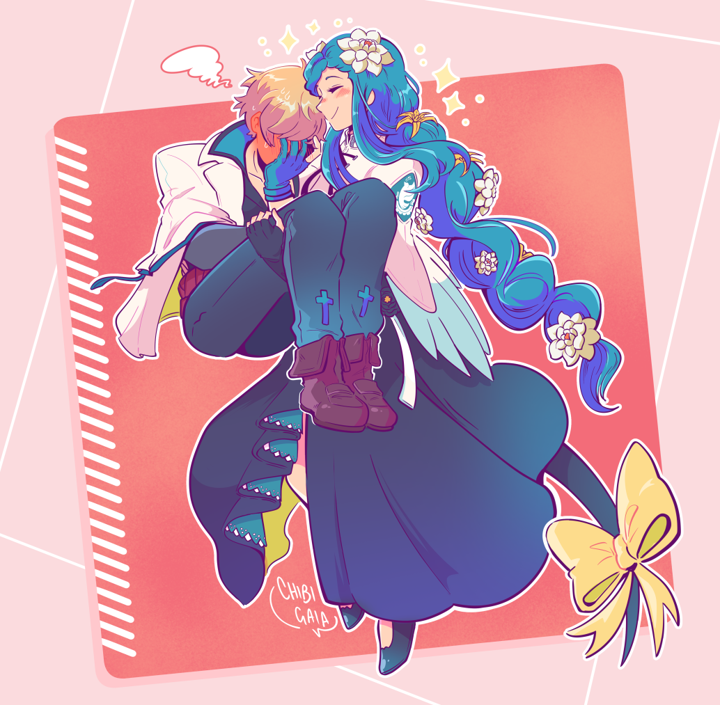 1boy, 1girl, black_dress, black_gloves, black_shirt, blonde_hair, blue_gloves, blue_hair, blush, carrying, chibigaia, closed_eyes, dizzy_(guilty_gear), dress, flower, gloves, guilty_gear, hair_flower, hair_ornament, husband_and_wife, jacket, ky_kiske, long_hair, pants, princess_carry, queen_dizzy, reverse_princess_carry, ribbon, shirt, shoes, short_hair, tail, very_long_hair, white_flower, white_jacket, yellow_ribbon