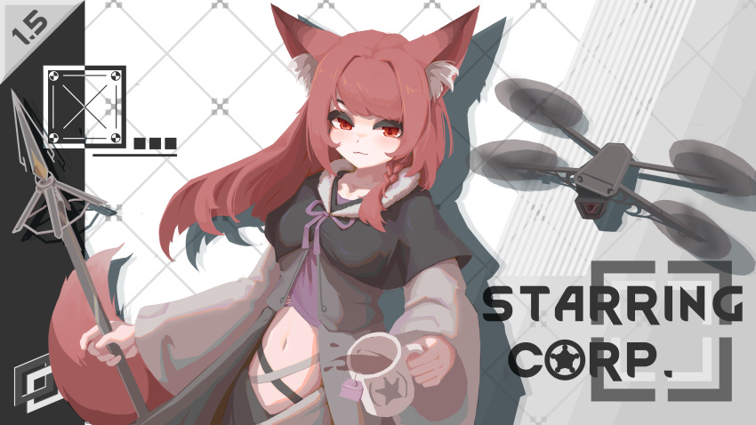 1girl, absurdres, animal_ear_fluff, animal_ears, black_capelet, blush, braid, breasts, capelet, closed_mouth, collarbone, cup, drone, english_text, fox_ears, fox_girl, fox_tail, highres, holding, holding_cup, holding_weapon, hushou896792, long_hair, long_sleeves, looking_at_viewer, midriff, mug, original, polearm, red_eyes, red_fur, red_hair, rimworld, single_braid, solo, spear, spilling, tail, tea, teabag, weapon, white_fur, wide_sleeves