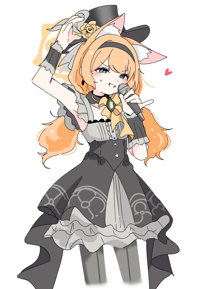 1girl, absurdres, alternate_costume, alternate_hairstyle, animal_ear_fluff, animal_ears, arm_up, armpits, black_dress, black_hairband, black_headband, black_pantyhose, blue_archive, blue_eyes, blush, bobok, cosplay, dress, flower, flower_hat, fox_ears, frills, hairband, halo, hat, hat_flower, headband, heart, highres, holding, holding_microphone, idol_clothes, long_hair, looking_at_viewer, low_twintails, mari_(blue_archive), mari_(idol)_(blue_archive), microphone, orange_hair, pantyhose, simple_background, smile, solo, striped_clothes, striped_pantyhose, top_hat, twintails, vertical-striped_clothes, vertical-striped_pantyhose, white_background, wrist_cuffs, yellow_flower, yellow_halo
