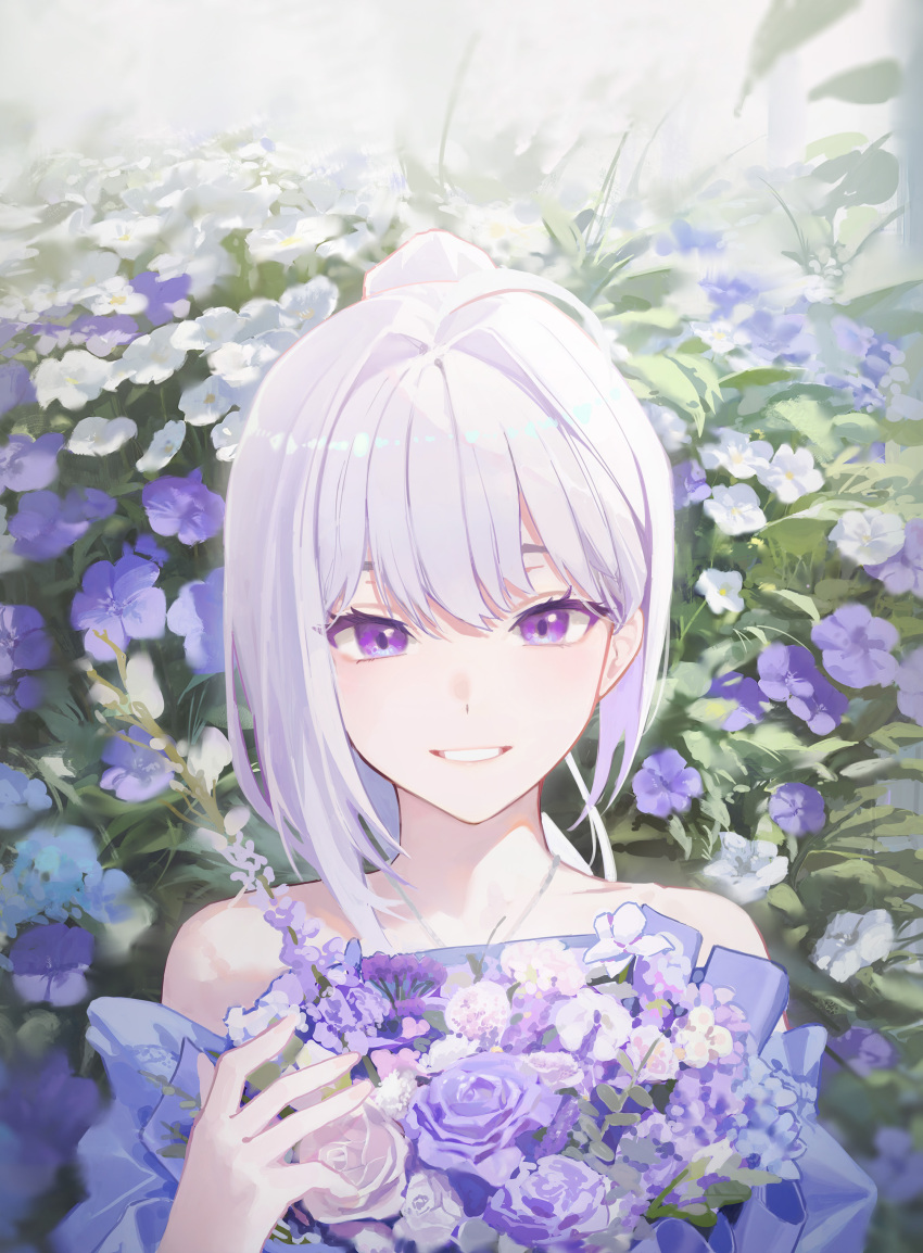 1girl, absurdres, bouquet, flower, guan_byeol, hair_intakes, highres, holding