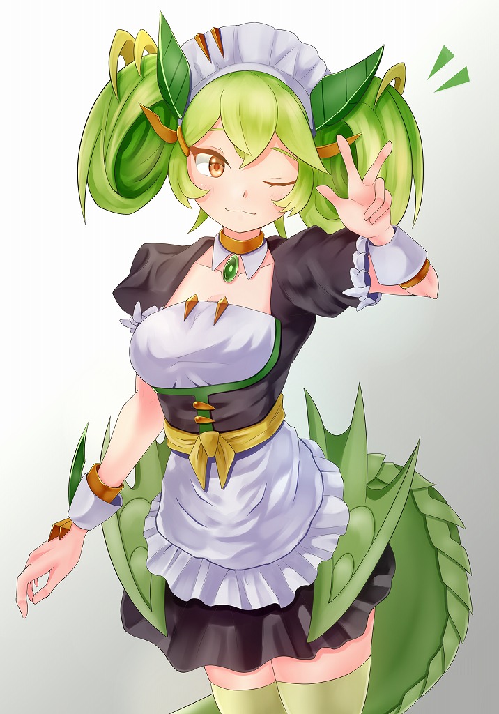 1girl, apron, arm_up, blackdeeno, breasts, closed_mouth, collarbone, detached_collar