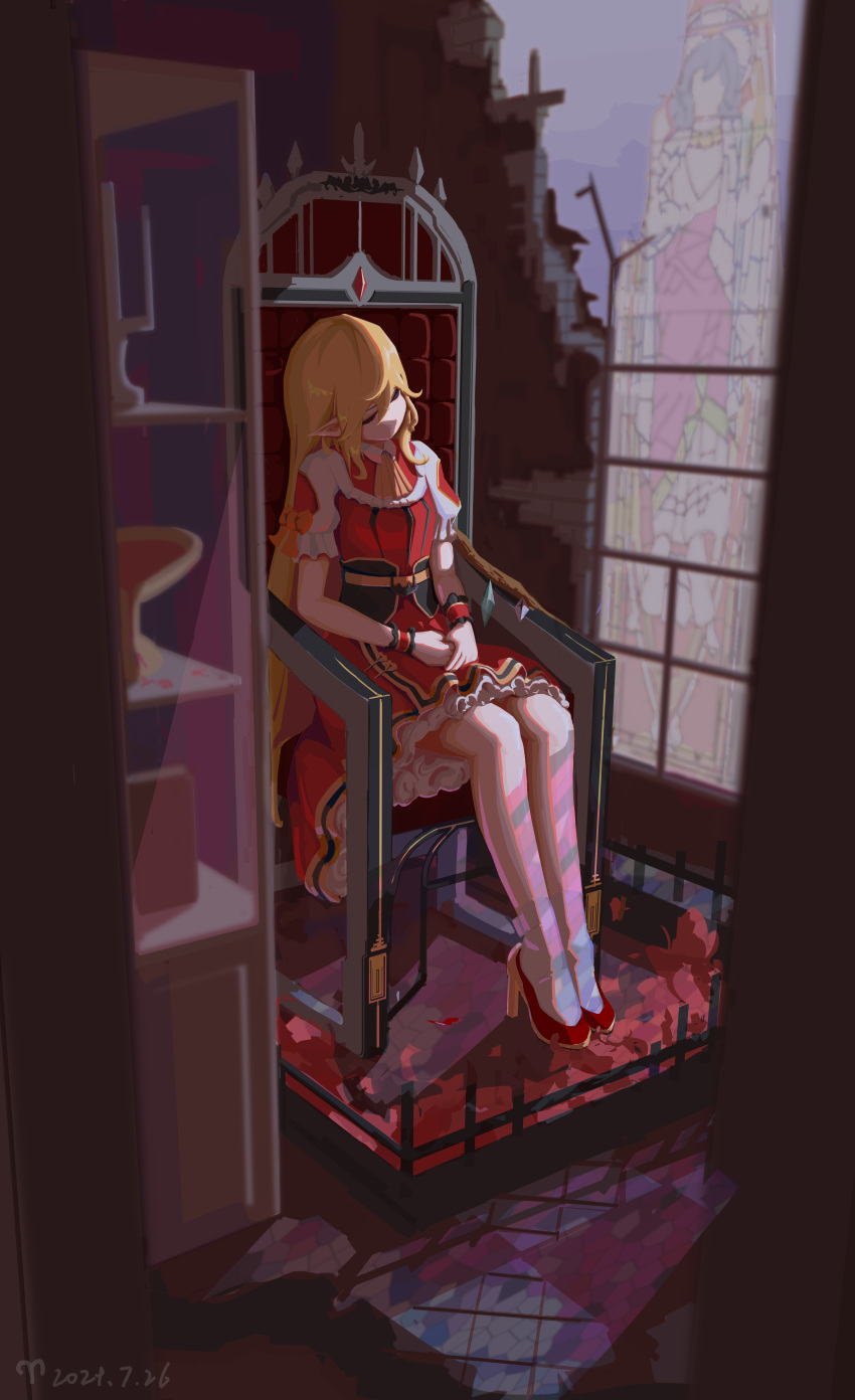 absurdres, ascot, blonde_hair, blue_hair, bow, chair, crystal_wings, dated