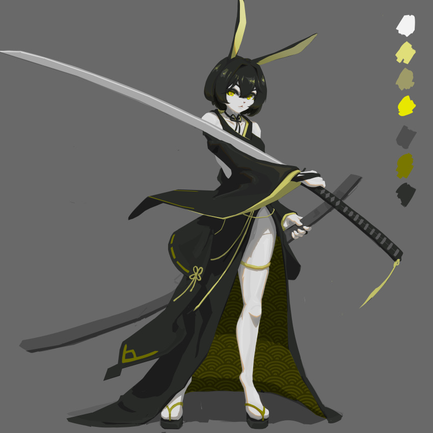 1girl, absurdres, animal_ears, animal_nose, black_hair, body_fur, breasts, furry, furry_female, grey_background, highres, holding, holding_sheath, holding_sword, holding_weapon, hushou896792, japanese_clothes, katana, looking_at_viewer, original, rabbit_ears, rabbit_girl, rimworld, scabbard, sheath, solo, sword, weapon, white_fur, wide_sleeves, yellow_eyes