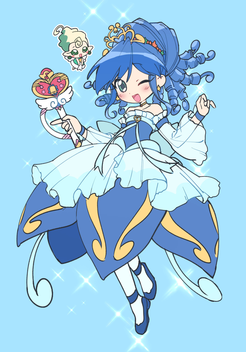 1girl, :d, ;d, absurdres, angel_wings, aqua_dress, aqua_eyes, aqua_hair