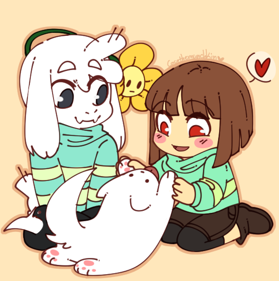 1other, 2019, 2boys, 2d, ambiguous_gender, animal, annoying_dog, anthro, artist_name, asriel_dreemurr, black_eyes, black_pants, brown_hair, brown_outline, chara_(undertale), cocothemunchkin, digital_media, dog, floppy_ears, flower, flowey_(undertale), full_body, furry, furry_male, goat, goat_boy, goat_ears, goat_tail, green_shirt, heart, human, looking_at_animal, male, mammal, monster, monster_boy, open_mouth, orange_background, orange_outline, outline, pants, plant, seiza, short_hair, simple_background, sitting, spoken_heart, striped_shirt, tail, tail_tuft, tongue, tongue_out, undertale, white_dog, white_fur, yellow_flower, yellow_stripes