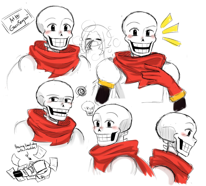 1boy, 1girl, 2020, 2d, absurdres, armor, artist_name, artist_self-insert, blush, cape, closed_mouth, cropped_shoulders, digital_media, gloves, gwensenpaii, hand_on_own_chest, highres, humanoid, male, male_focus, monster, monster_boy, multiple_views, nosebleed, notice_lines, open_mouth, original, original_character, papyrus_(undertale), profile, red_cape, red_gloves, simple_background, skeleton, solo, squiggle, teeth, undead, undertale, utdr_(toby_fox), white_armor, white_background