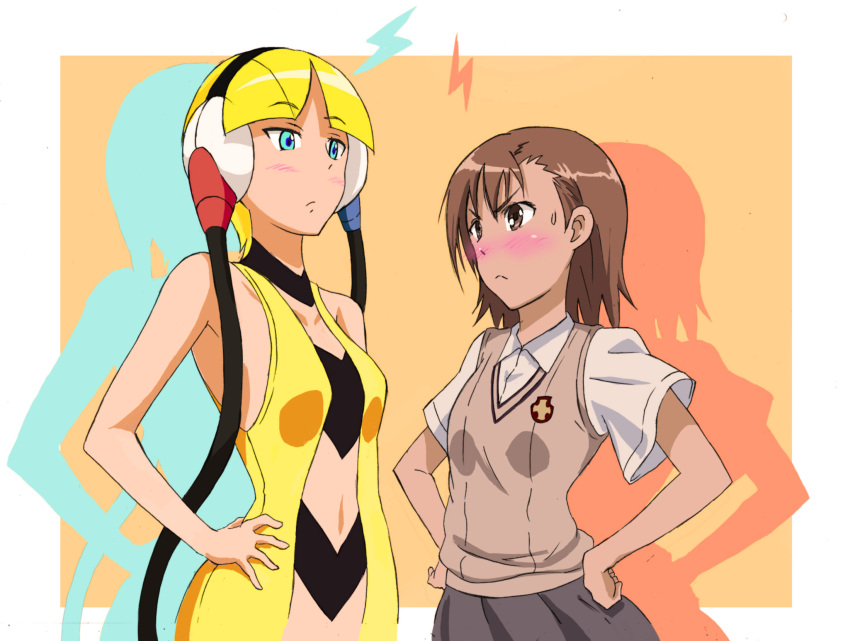 blue_eyes, blush, brown_eyes, brown_hair, crossover, hands_on_hips, headphones, highres