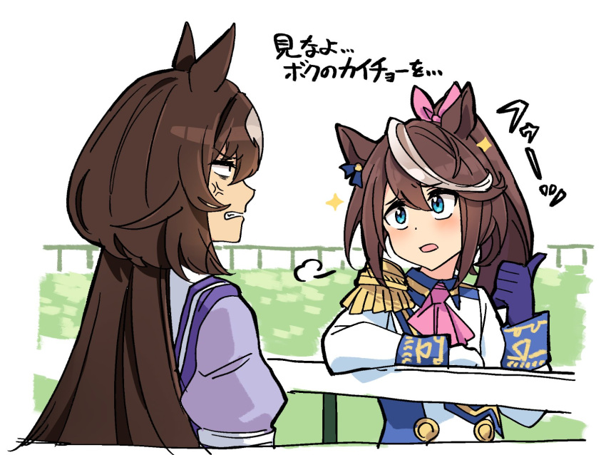 2girls, anger_vein, animal_ears, ascot, asymmetrical_gloves, blue_eyes, bow, brown_hair