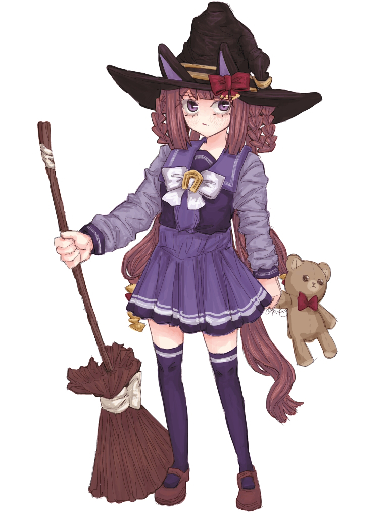 1girl, black_hat, blush, bow, bowtie, braid, braided_hair_rings, broom, brown_hair, brown_shoes, hair_rings, hat, holding, holding_broom, holding_stuffed_toy, holding_teddy_bear, horse_girl, horse_tail, horseshoe_ornament, kawakami_(kwkm_g), loafers, long_hair, looking_at_viewer, low_twintails, miniskirt, pleated_skirt, purple_sailor_collar, purple_shirt, purple_skirt, purple_thighhighs, sailor_collar, sailor_shirt, school_uniform, shirt, shoes, simple_background, skirt, solo, stuffed_animal, stuffed_toy, sweep_tosho_(umamusume), tail, teddy_bear, thigh-highs, tracen_school_uniform, twintails, umamusume, violet_eyes, white_background, white_bow, white_bowtie, winter_uniform, witch_hat