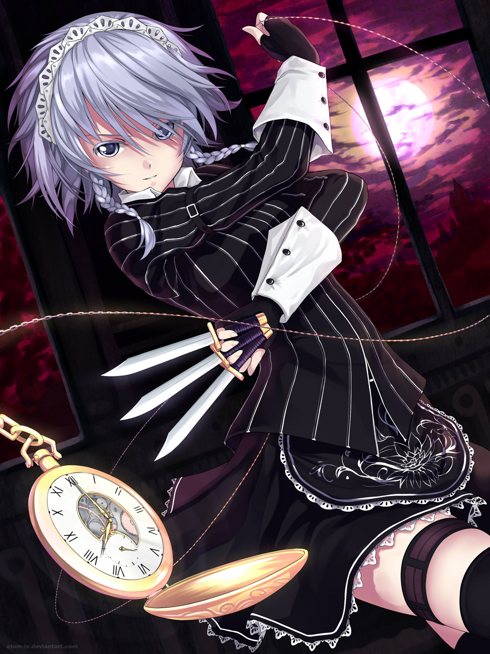 alternate_costume, apron, atomix, between_fingers, black_legwear, blue_eyes, braid, chain