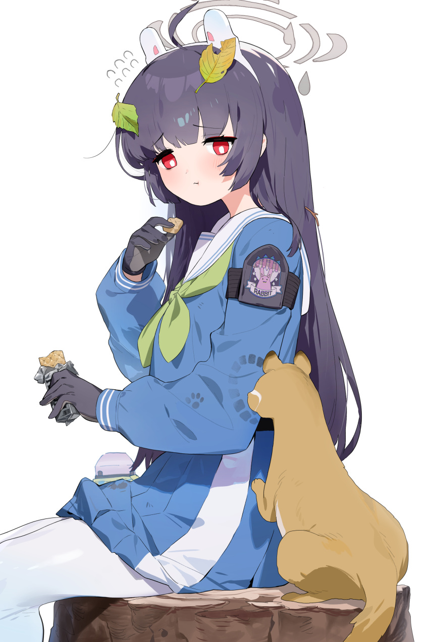 1girl, absurdres, animal, animal_ear_hairband, animal_ears, black_gloves, blue_archive, blue_shirt, chewing, dirty, dirty_clothes, eating, fake_animal_ears, flying_sweatdrops, food, footprints, gasari_(jongh1803), gloves, green_neckerchief, grey_pantyhose, hairband, highres, holding, holding_food, leaf, leaf_on_head, long_hair, miyu_(blue_archive), mongoose, neckerchief, pantyhose, paw_print, rabbit_ears, rabbit_platoon_(blue_archive), red_eyes, shirt, simple_background, sitting_on_tree_stump, twig, white_background