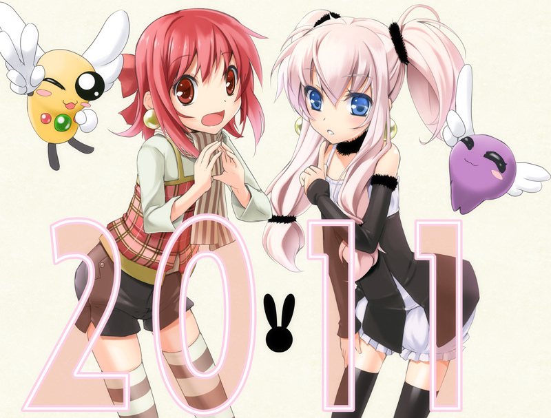 akihabara_dennou_gumi, blue_eyes, casual, densuke_(akihabara_dennou_gumi), detached_sleeves, hanakoganei_hibari, ootorii_tsubame, petit_ange