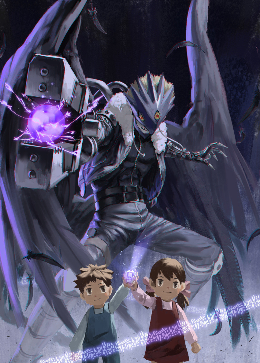 1girl, 2boys, absurdres, arm_cannon, beelzebumon, beelzebumon_blast_mode, black_feathers, black_jacket