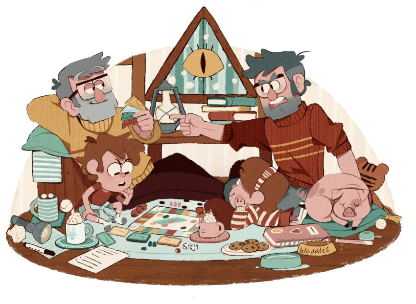 3boys, beard, blush, board_game, book, cookie, cup, dipper_pines, facial_hair, food, ford_pines, glasses, gravity_falls, grunkle_stan, highres, lantern, long_sleeves, lying, mabel_pines, mug, multiple_boys, open_mouth, pants, pillow, plate, pointing, procyoren, shirt, simple_background, sitting, sleeping, striped_clothes, striped_shirt, stuffed_animal, stuffed_toy, waddles, white_background
