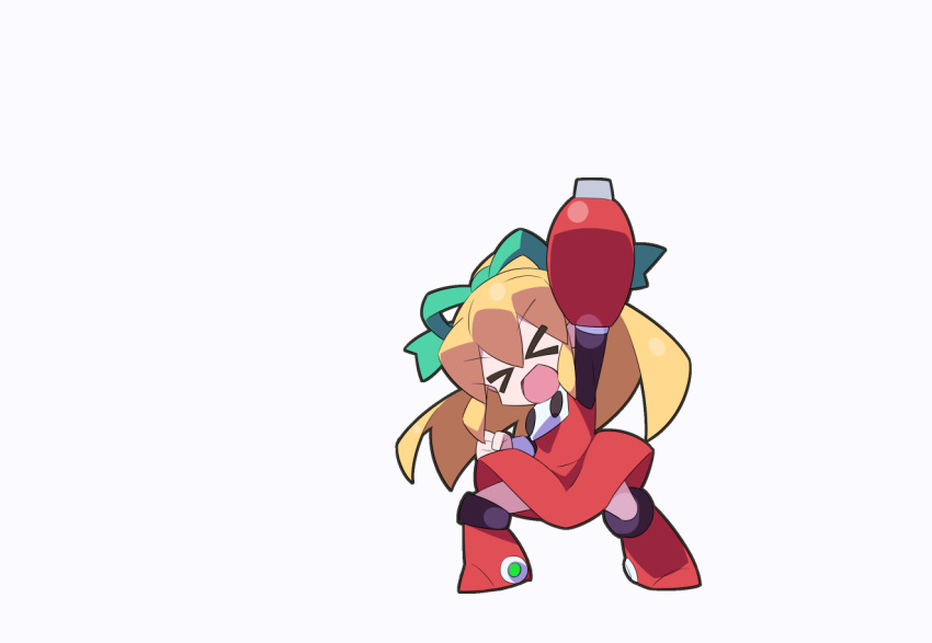 >_<, 1girl, arm_cannon, arm_up, blonde_hair, chibi, dress, full_body