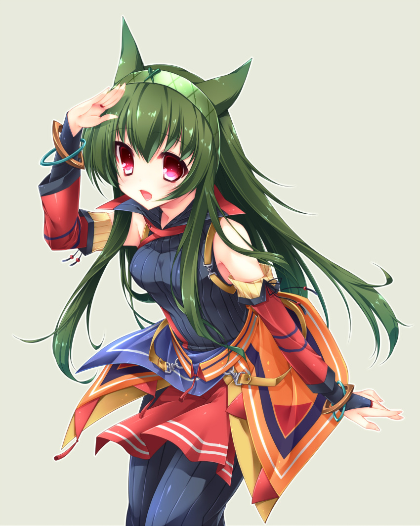 animal_ears, bare_shoulders, blush, capcom, detached_sleeves, green_hair, hairband, highres