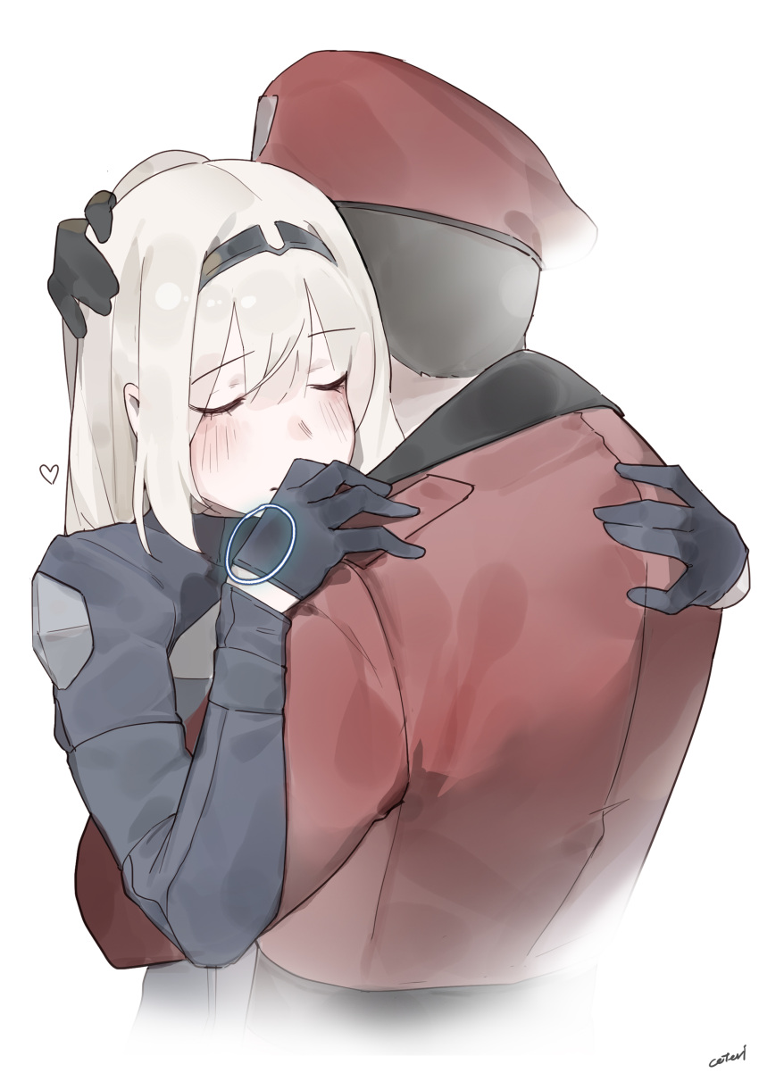 1boy, 1girl, absurdres, an-94_(girls'_frontline), beret, black_gloves, black_hair, black_hairband, blonde_hair, blush, closed_eyes, commander_(girls'_frontline), commentary, coteri, covenant_halo_(girls'_frontline_2), english_commentary, girls'_frontline_2:_exilium, girls_frontline, gloves, griffin_&amp;_kryuger_military_uniform, hairband, hat, heart, highres, hug, long_hair, red_hat, short_hair, simple_background, white_background