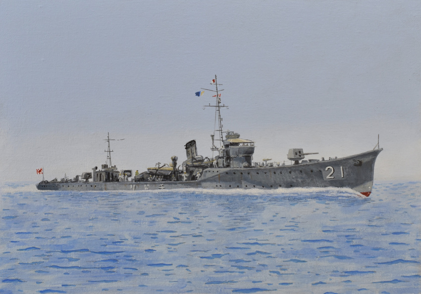 absurdres, acrylic_paint_(medium), atelier_bono, cannon, chidori_(gunboat), gunboat, highres, imperial_japanese_navy, mast, military_vehicle, no_humans, ocean, original, painting_(medium), ship, ship_turret, sky, smoke, smokestack, traditional_media, vehicle_focus, warship, watercraft