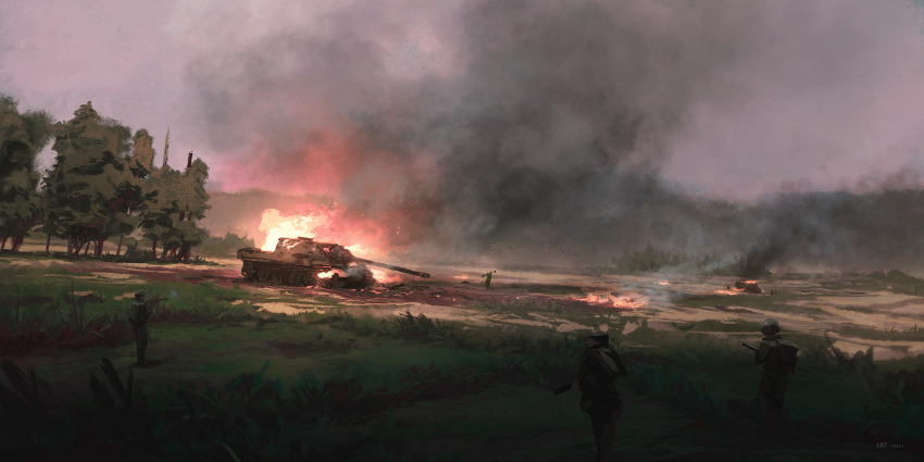 3others, battle, evening, grass, highres, landscape, lhlclllx97, multiple_others