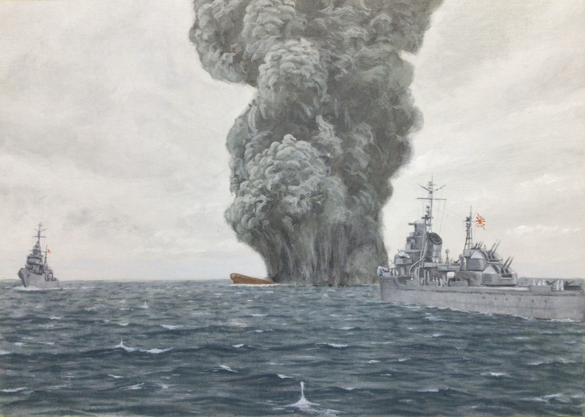 acrylic_paint_(medium), akizuki_(destroyer), atelier_bono, battleship, cannon, commentary, destroyer, explosion