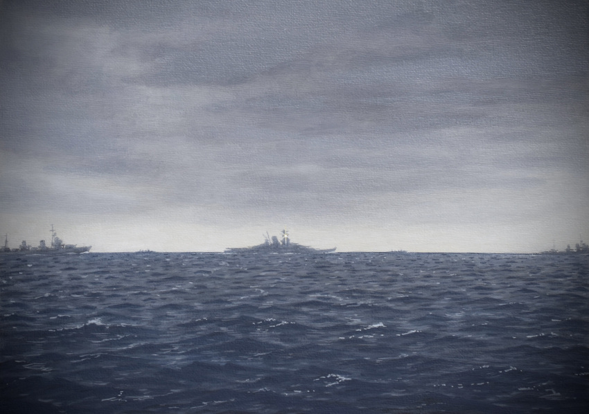 absurdres, acrylic_paint_(medium), atelier_bono, battleship, cannon, highres, historical_event, imperial_japanese_navy