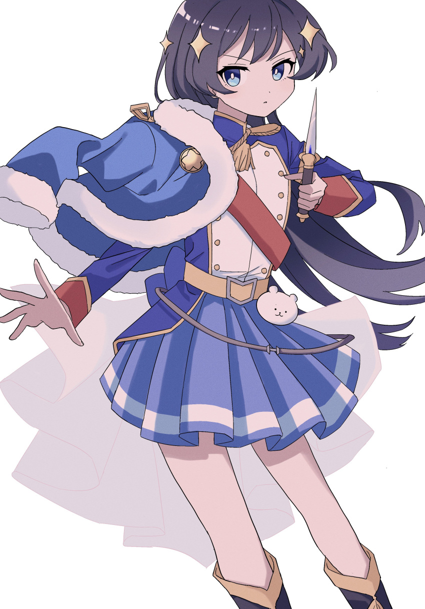 1girl, absurdres, belt, belt_buckle, black_boots, black_hair, blue_eyes, blue_jacket