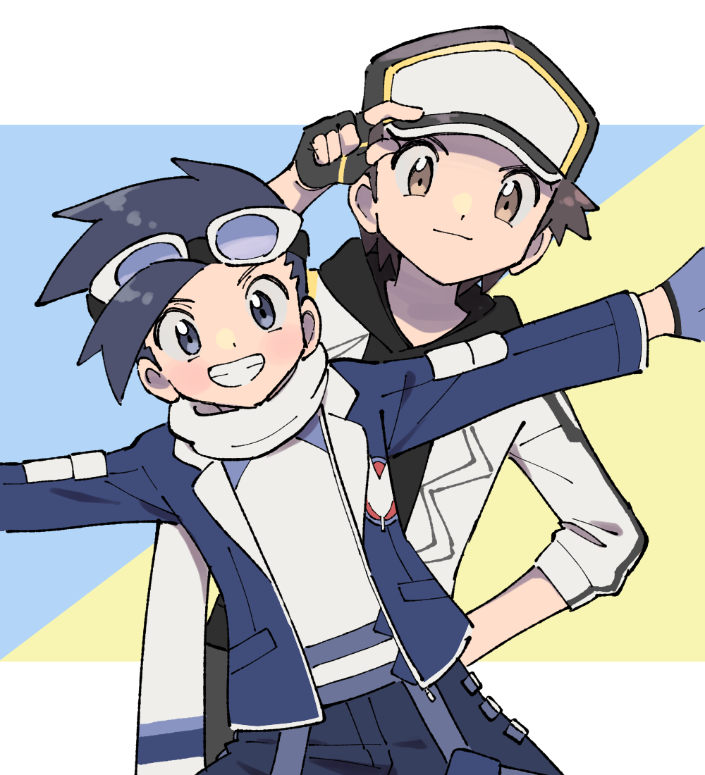 2boys, black_hair, black_hoodie, blue_eyes, blue_gloves, blue_jacket, brown_eyes, brown_hair